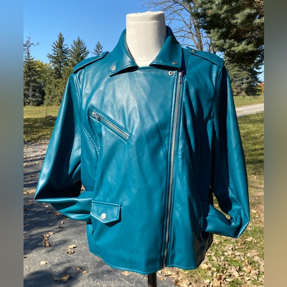 Nine West 2X NWT TEAL~BLUE  FAUX Leather Moto Jacket with Asymmetrical Zipper - Picture 2 of 8